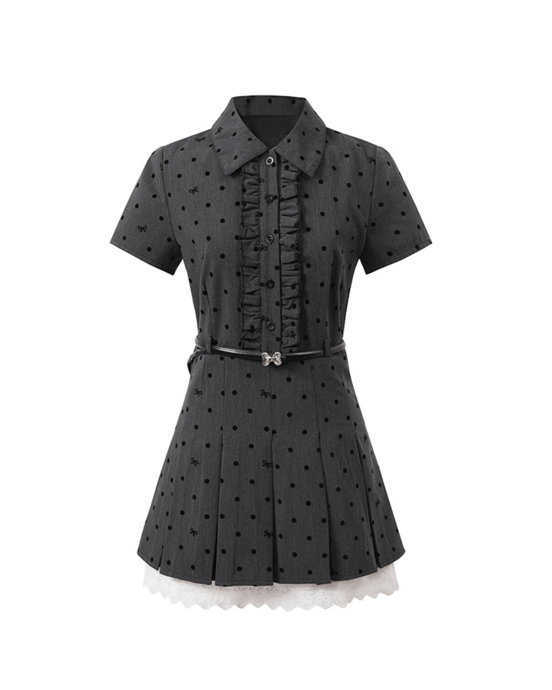 Dot Ribbon Collar Frill Dress