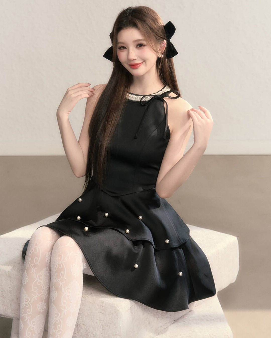 Ribbon bijou peplum dress(全2色)