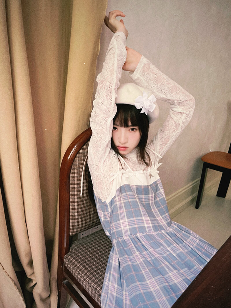 Creamy Checked Double Frill Dress