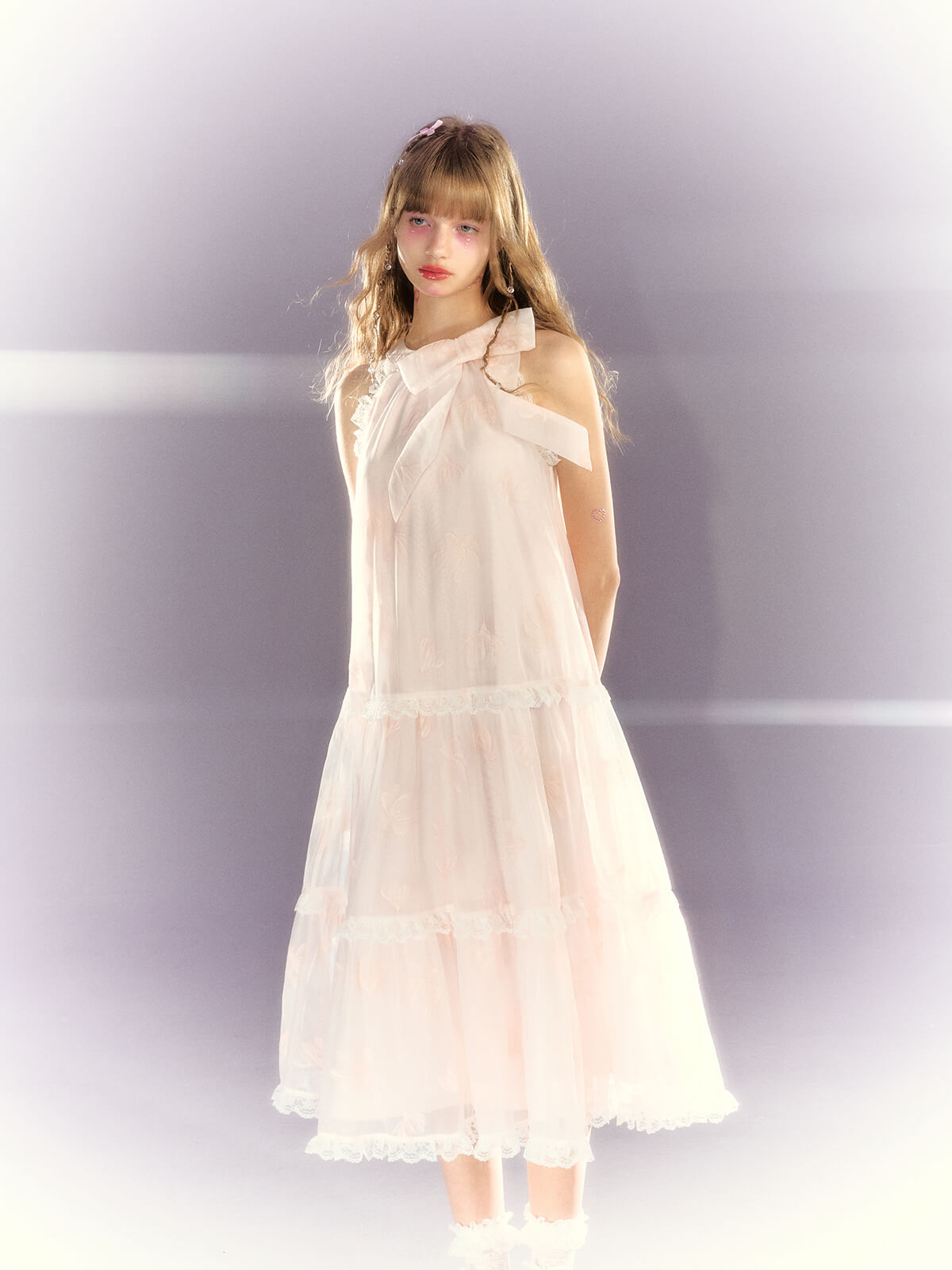 Frill lace sheer ribbon tiered dress