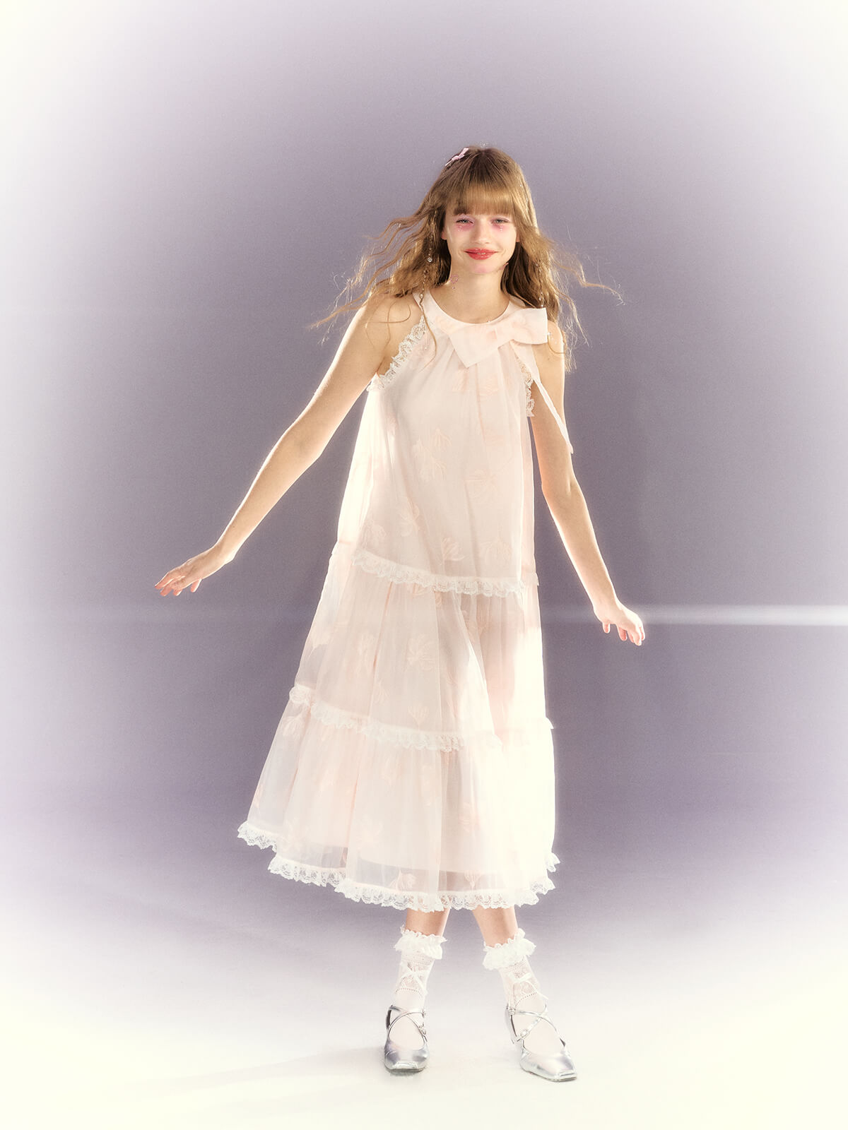 Frill lace sheer ribbon tiered dress