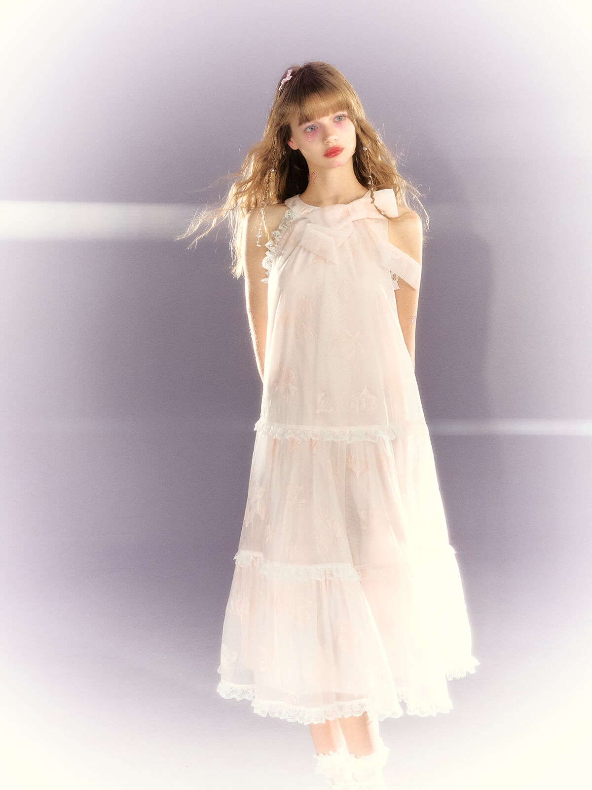 Frill lace sheer ribbon tiered dress