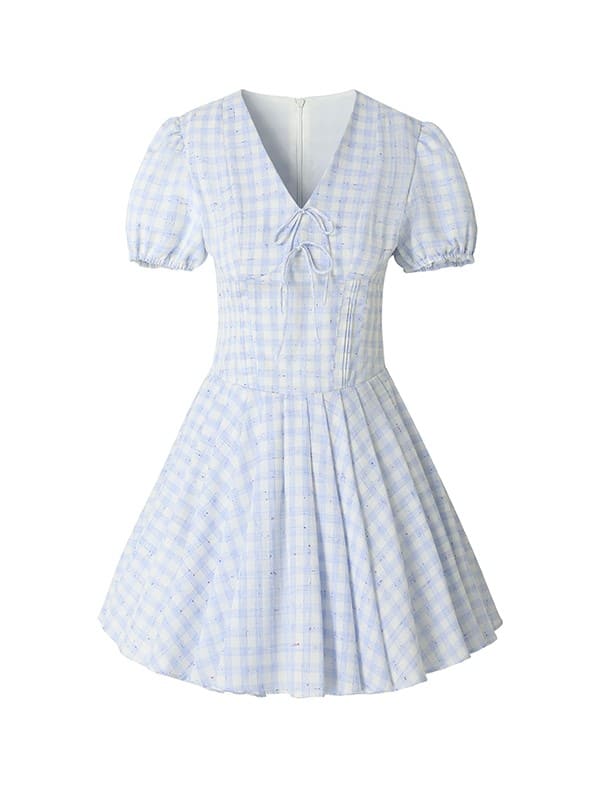 Gingham Light Blue Puff Sleeve Dress
