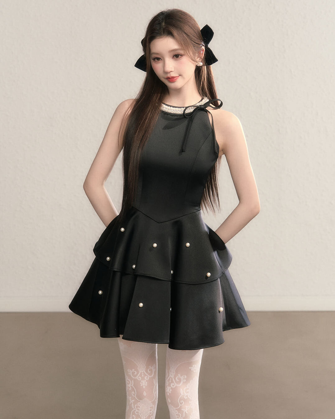 Ribbon bijou peplum dress(全2色)