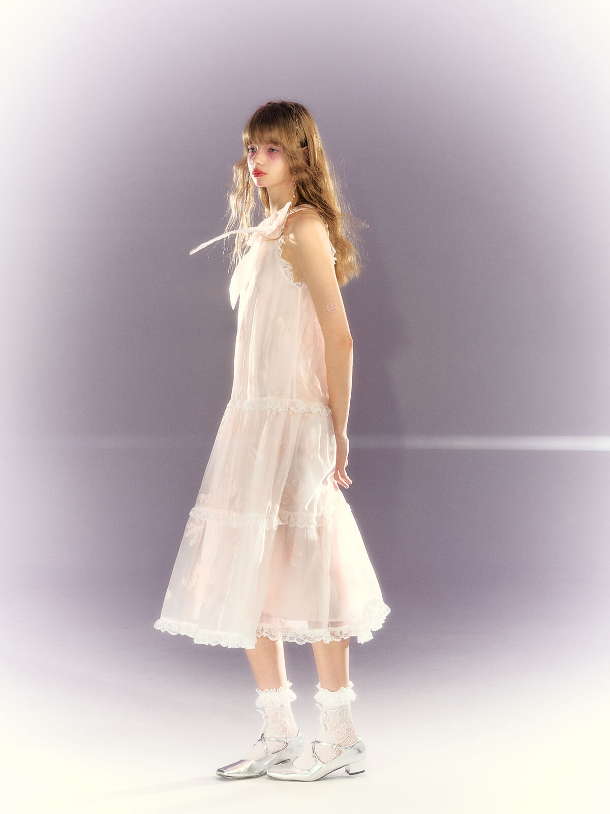 Frill lace sheer ribbon tiered dress