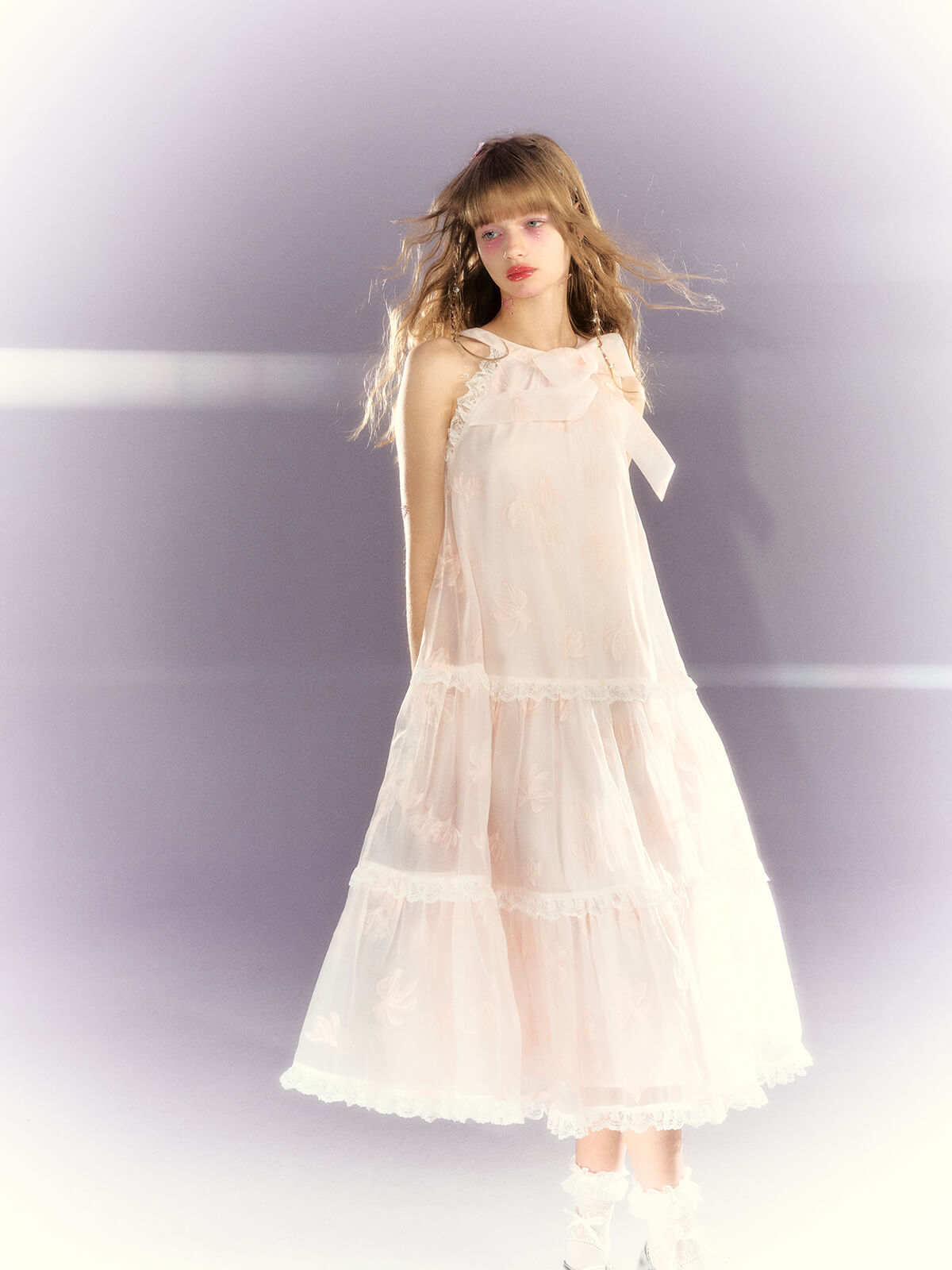 Frill lace sheer ribbon tiered dress