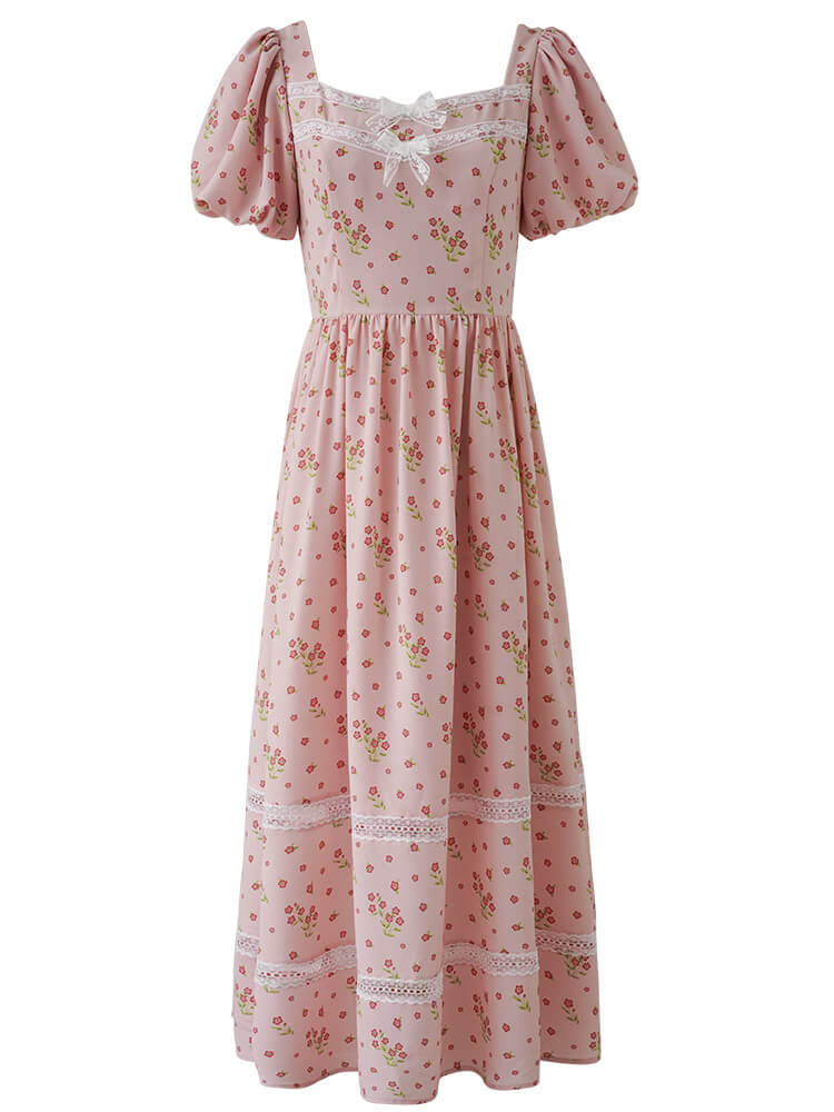 Flower Ribbon Lace Line Pink Dress
