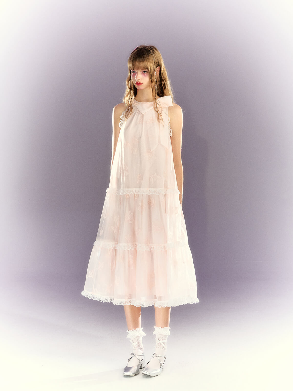 Frill lace sheer ribbon tiered dress
