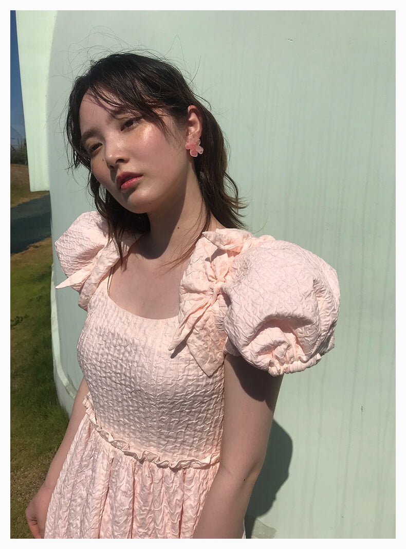 Ribbon Shirring Puffy Dress