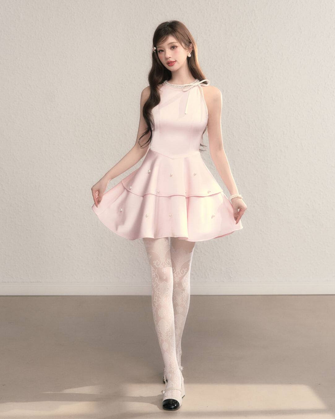 Ribbon bijou peplum dress(全2色)