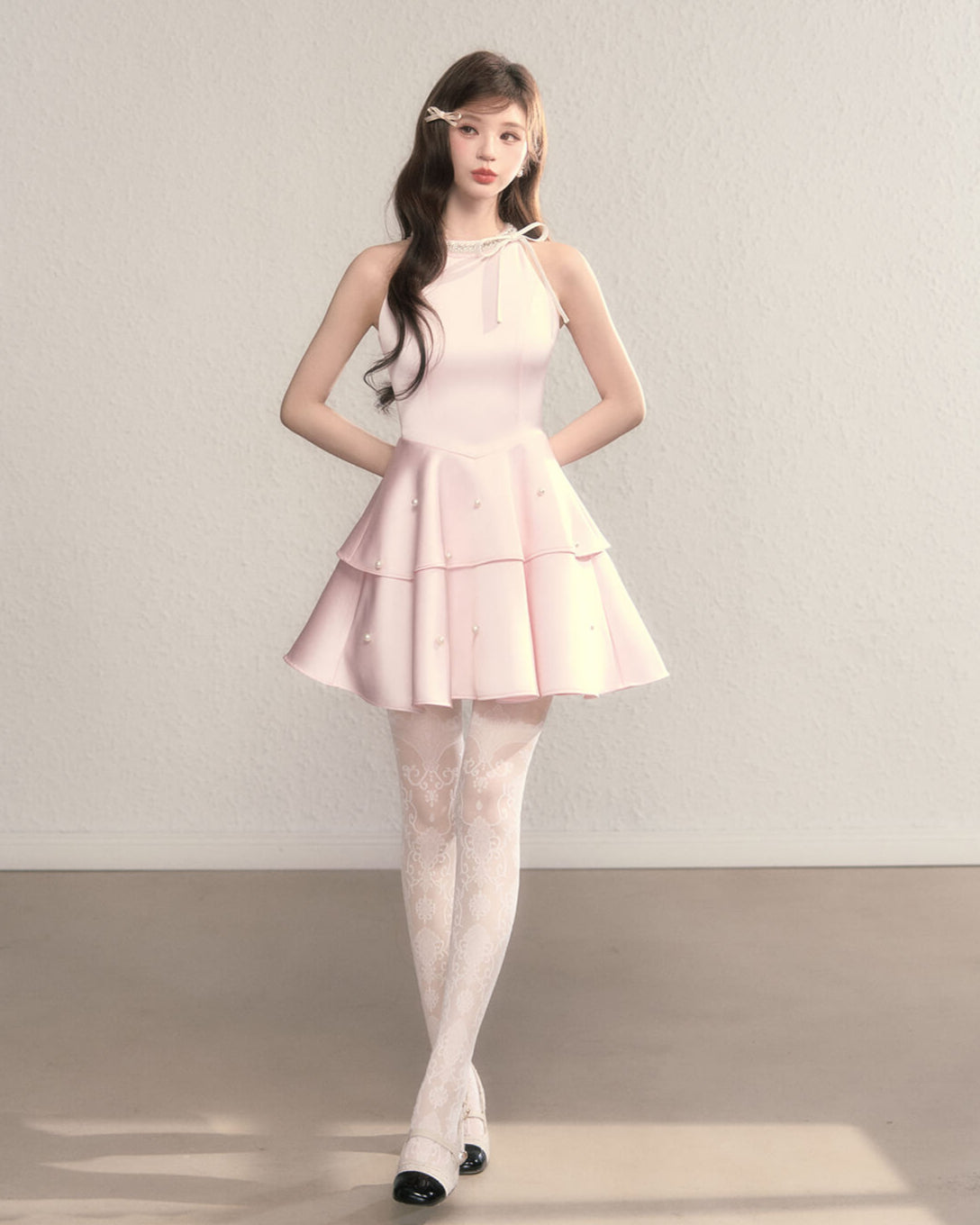 Ribbon bijou peplum dress(全2色)