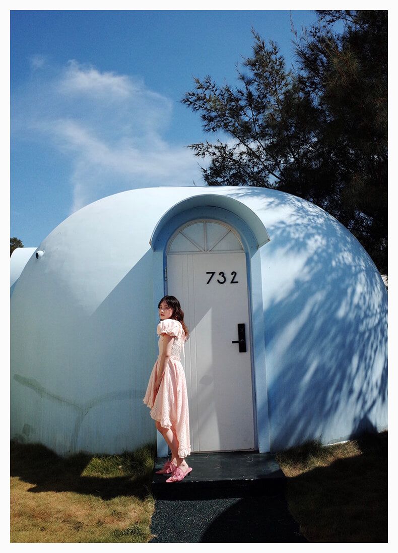 Ribbon Shirring Puffy Dress