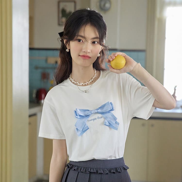 3D Ribbon Accent White T-Shirt