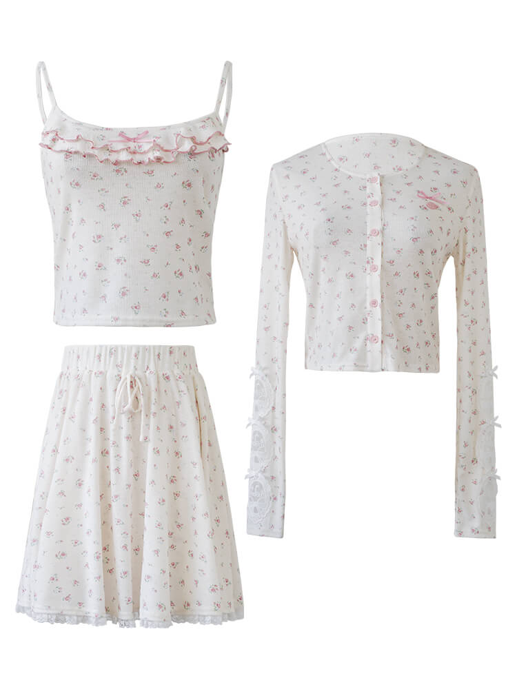 Romantic Rose Bouquet Cardigan/Camisole/Skirt