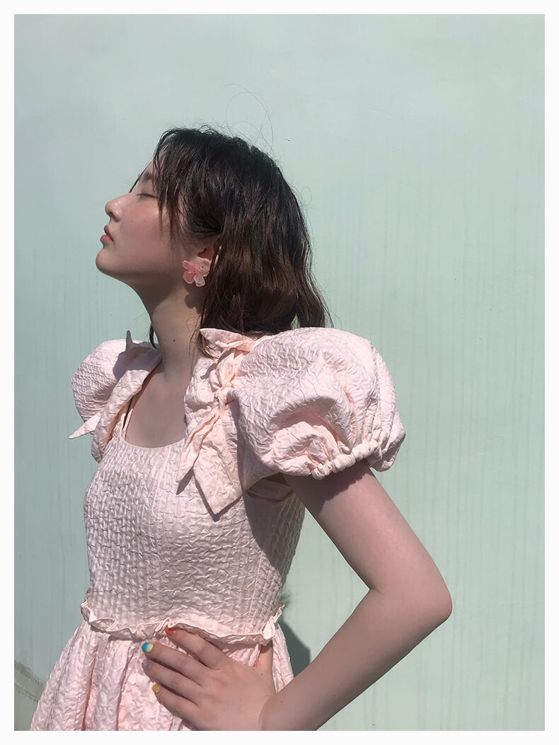 Ribbon Shirring Puffy Dress
