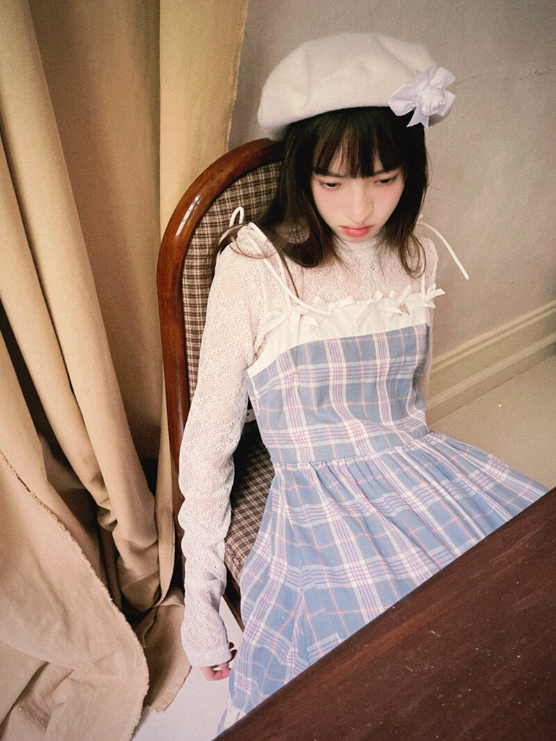 Creamy Checked Double Frill Dress