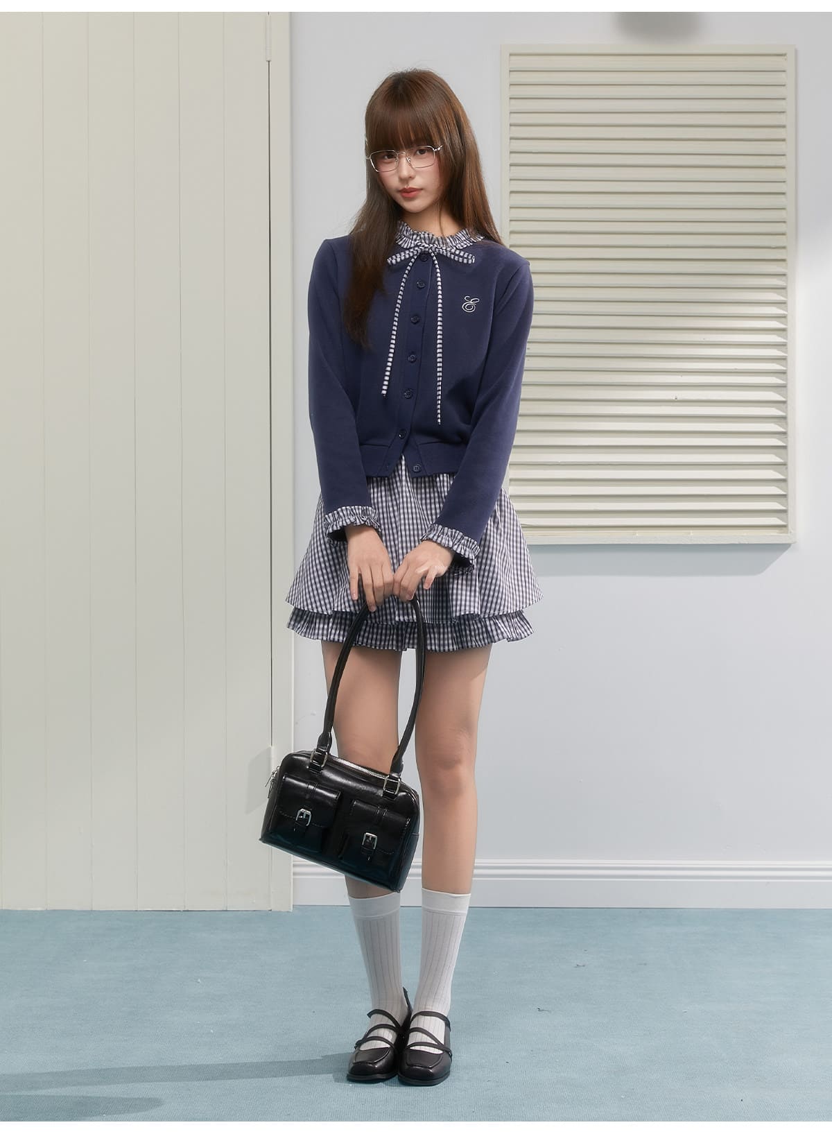 Gingham Ribbon Collar Knit Cardigan(全2色)