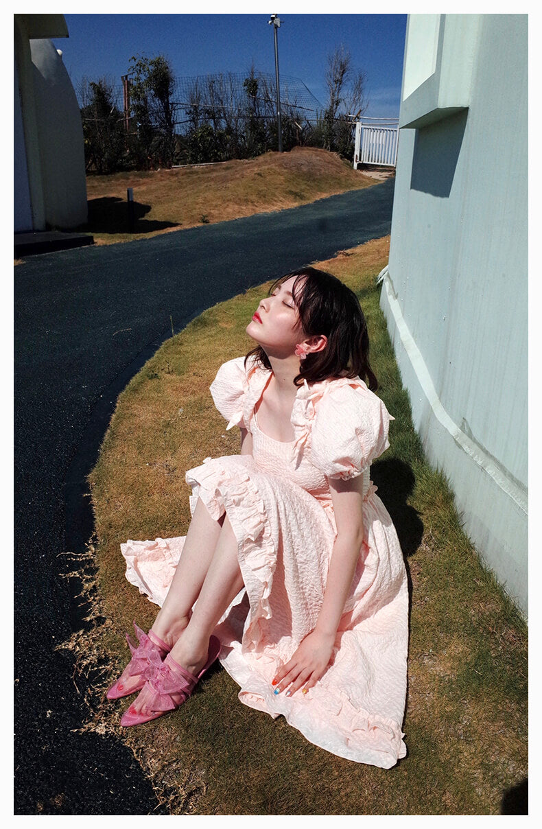 Ribbon Shirring Puffy Dress