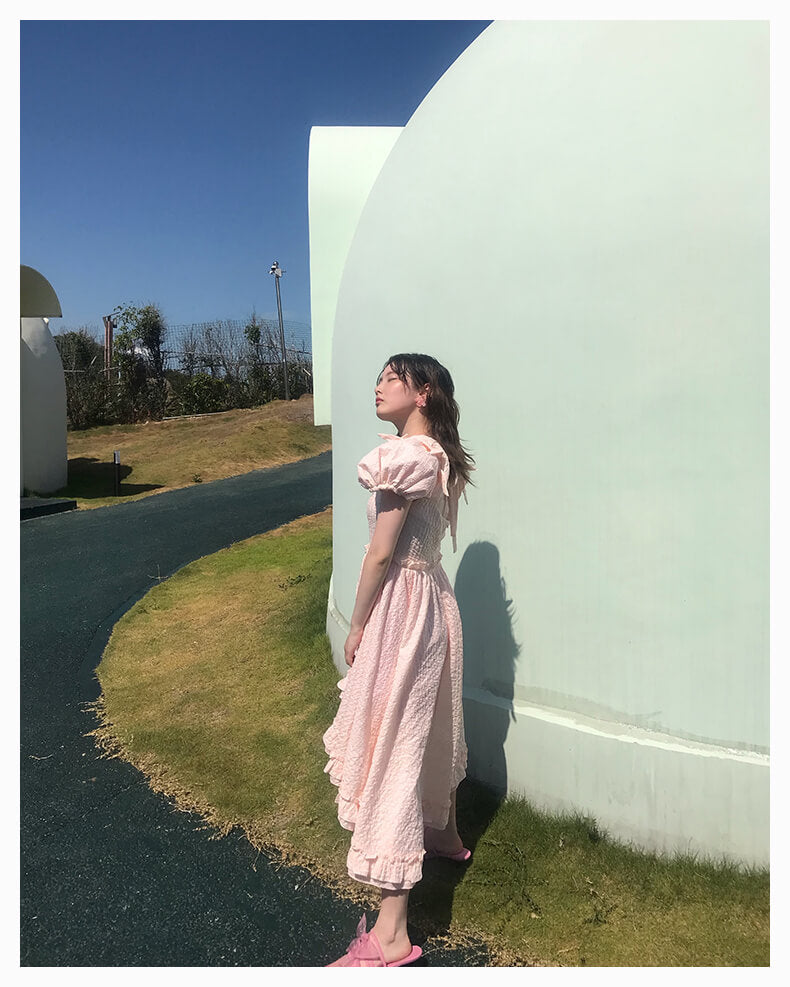 Ribbon Shirring Puffy Dress