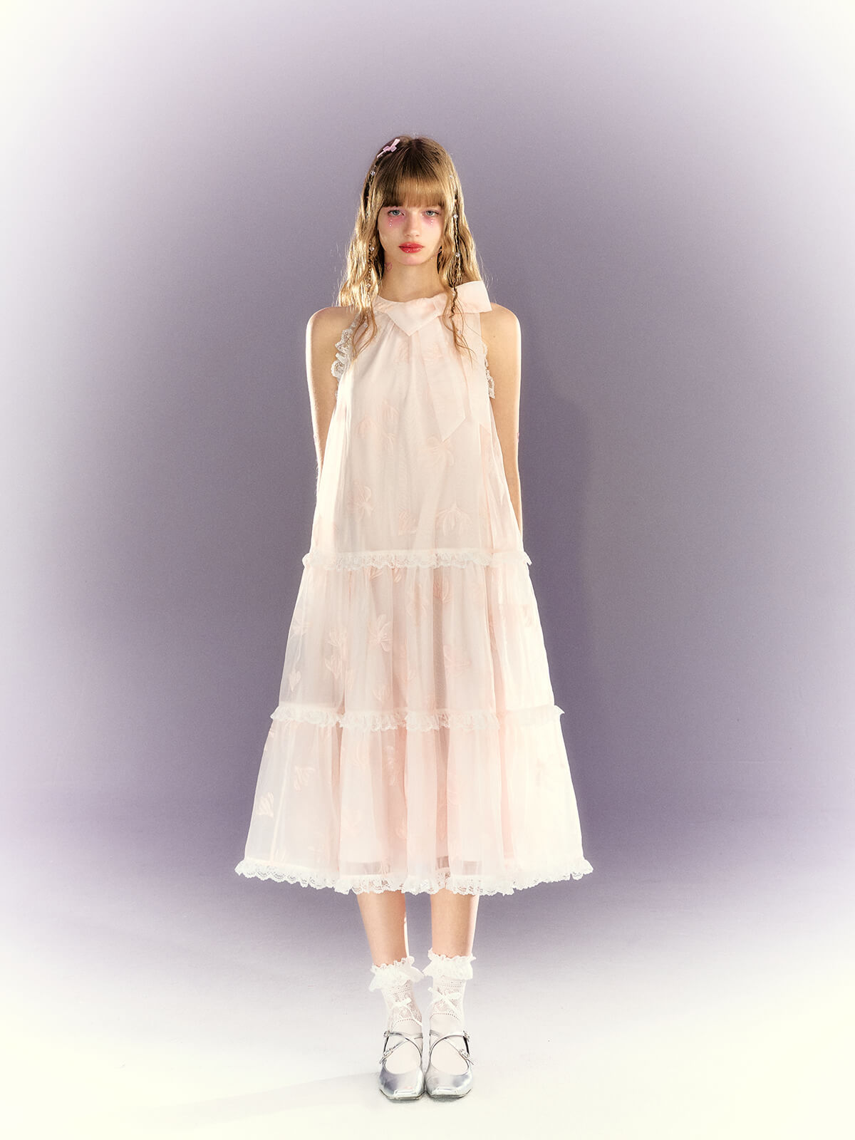 Frill lace sheer ribbon tiered dress