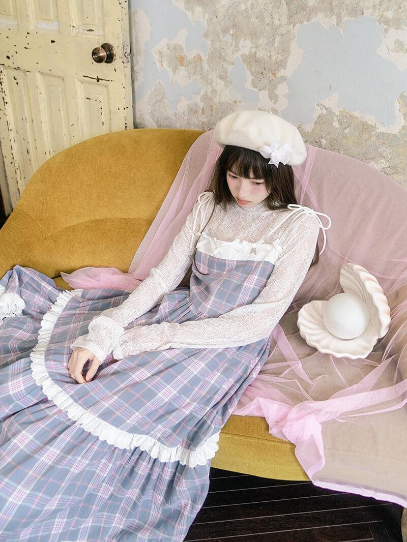 Creamy Checked Double Frill Dress