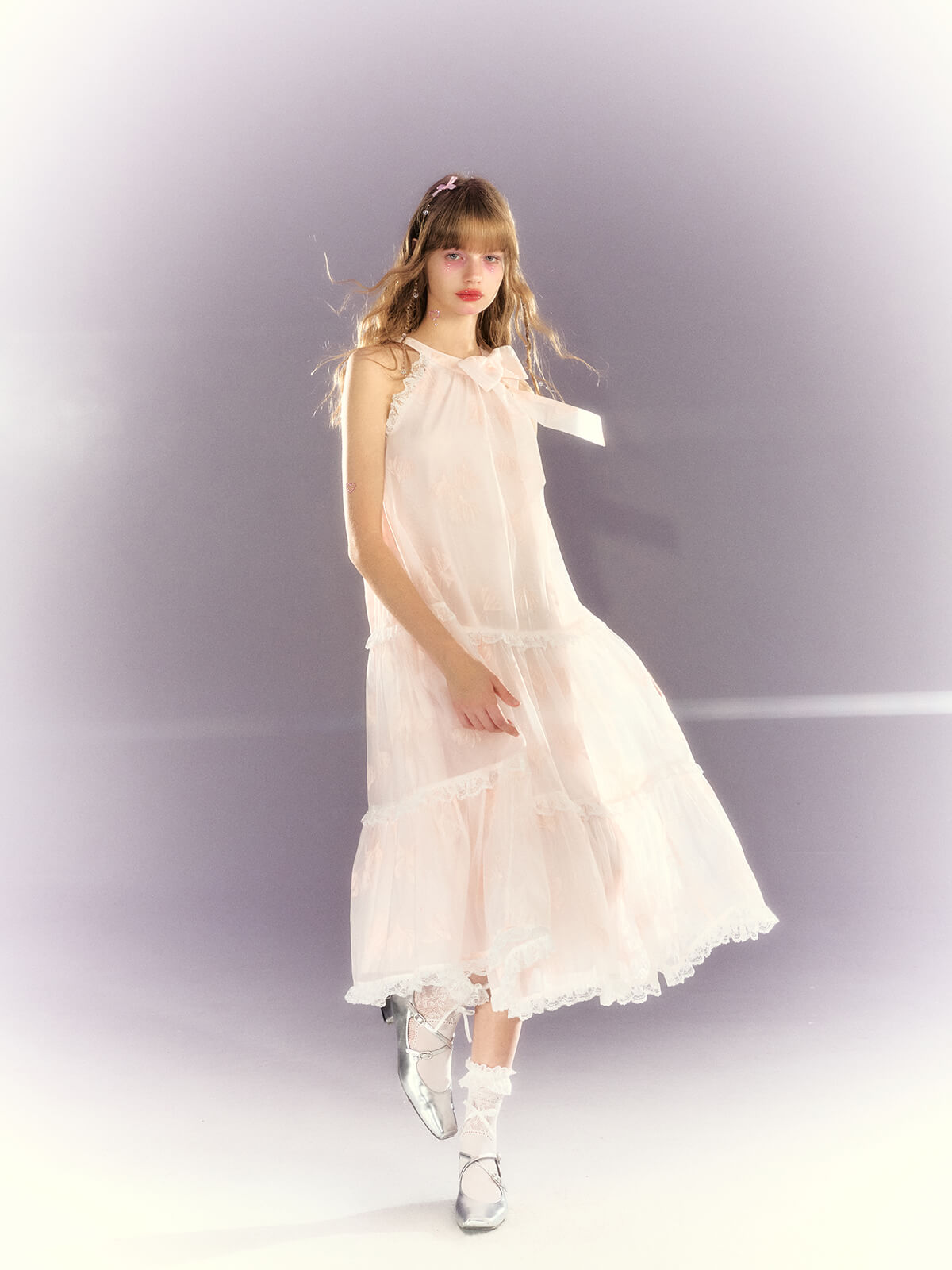 Frill lace sheer ribbon tiered dress