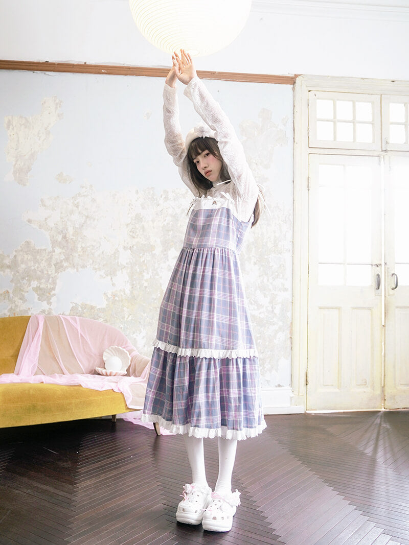 Creamy Checked Double Frill Dress