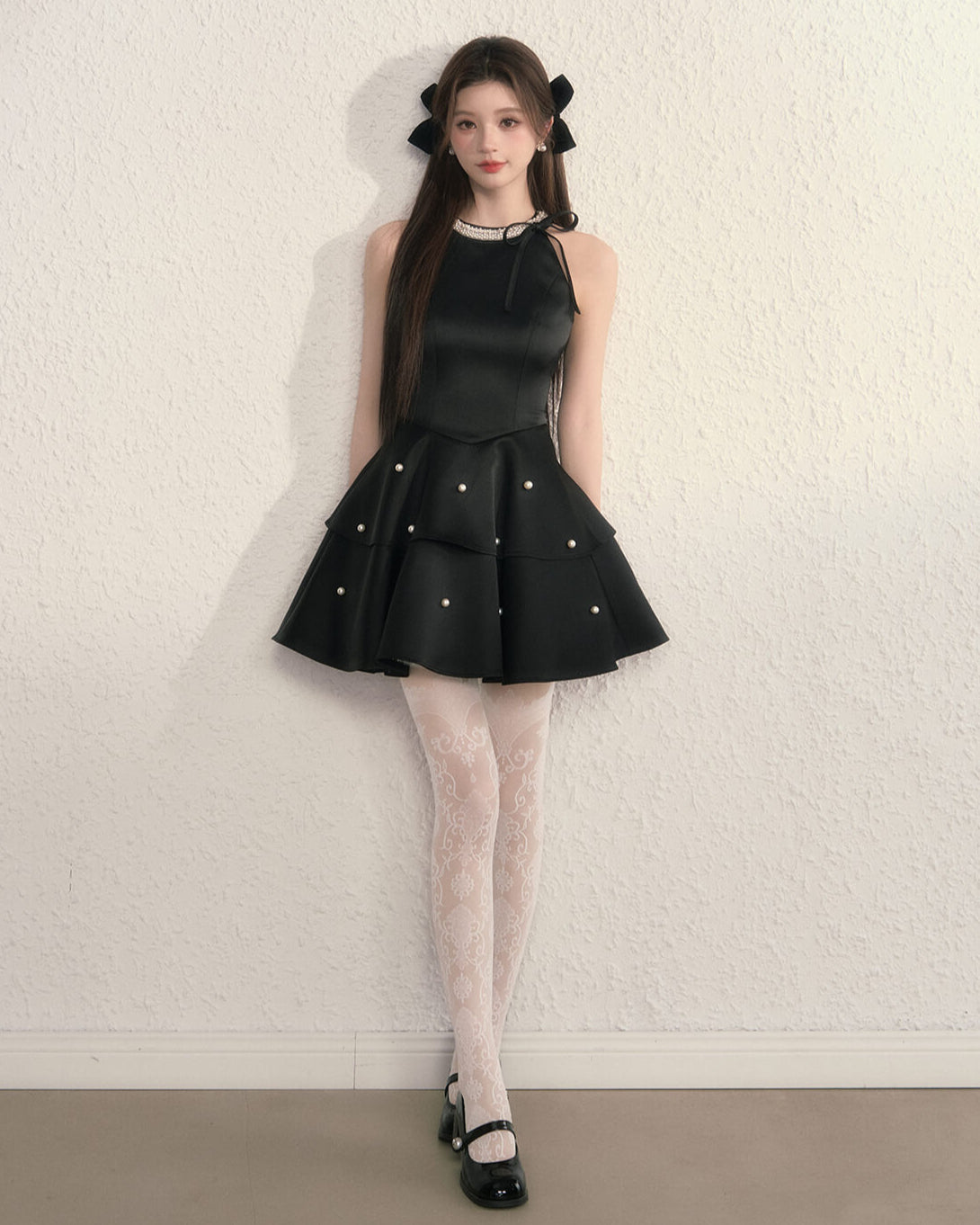 Ribbon bijou peplum dress(全2色)