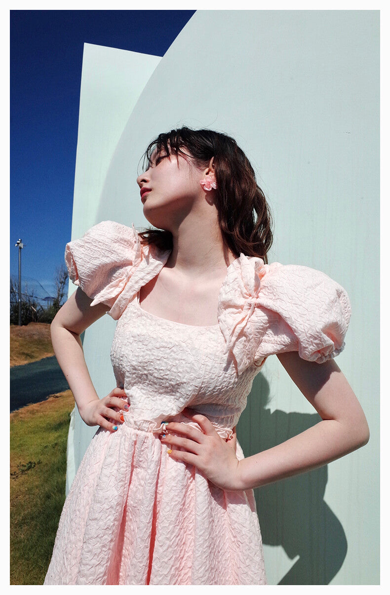 Ribbon Shirring Puffy Dress