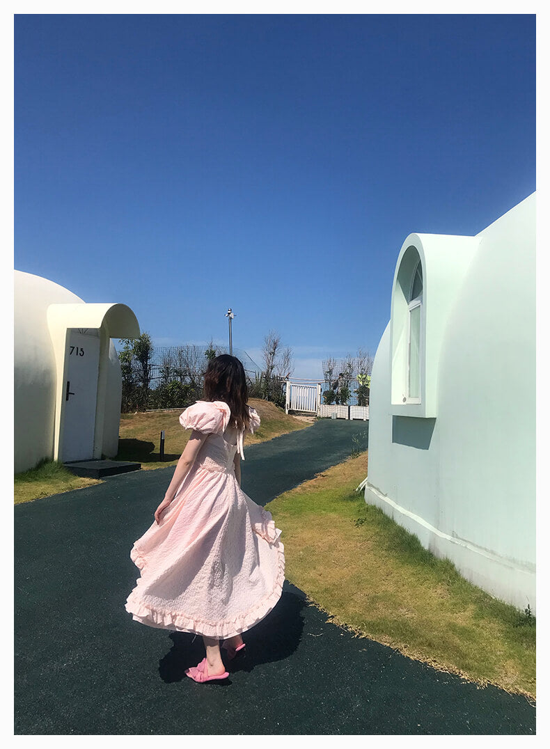 Ribbon Shirring Puffy Dress