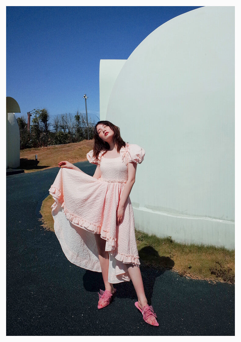 Ribbon Shirring Puffy Dress