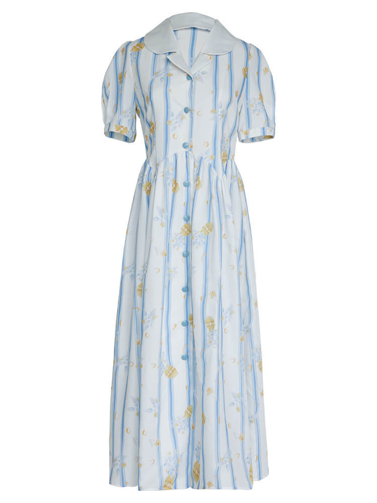 Floral Collar Blue Stripe Dress