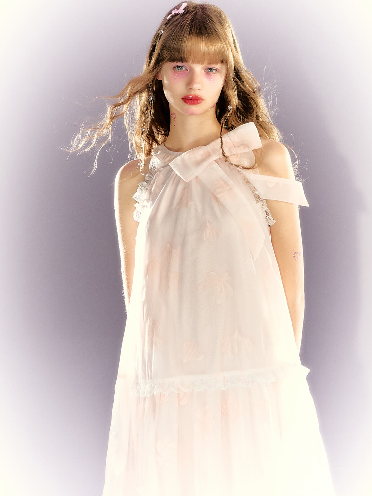 Frill lace sheer ribbon tiered dress