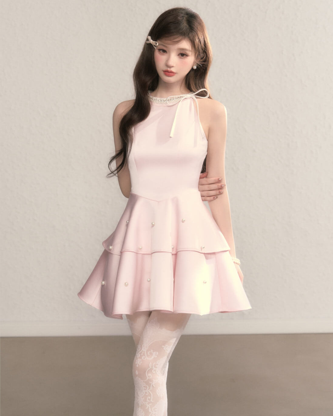 Ribbon bijou peplum dress(全2色)