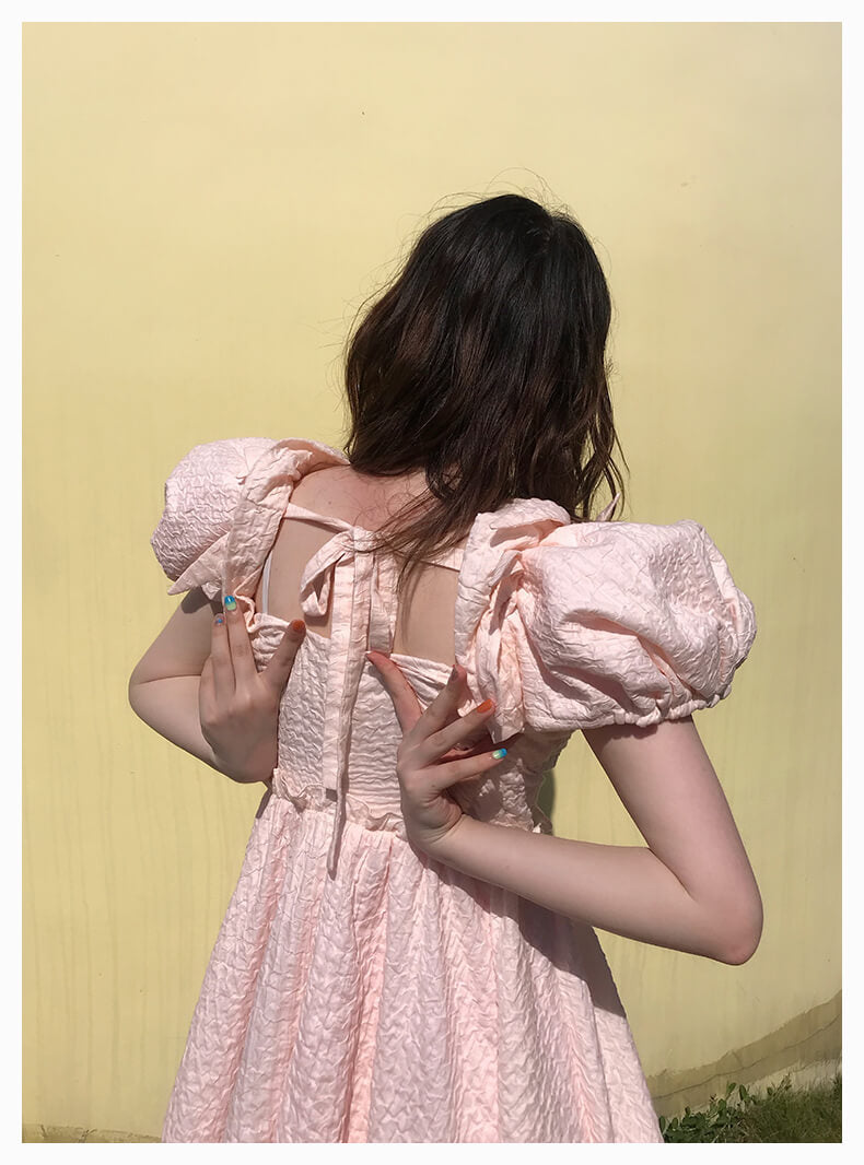 Ribbon Shirring Puffy Dress