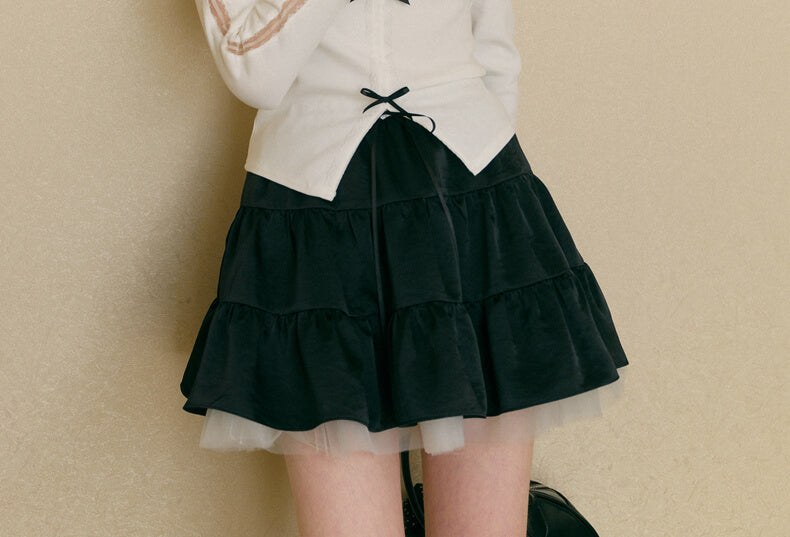 Tiered Tulle Frill Velour Mini Skirt
