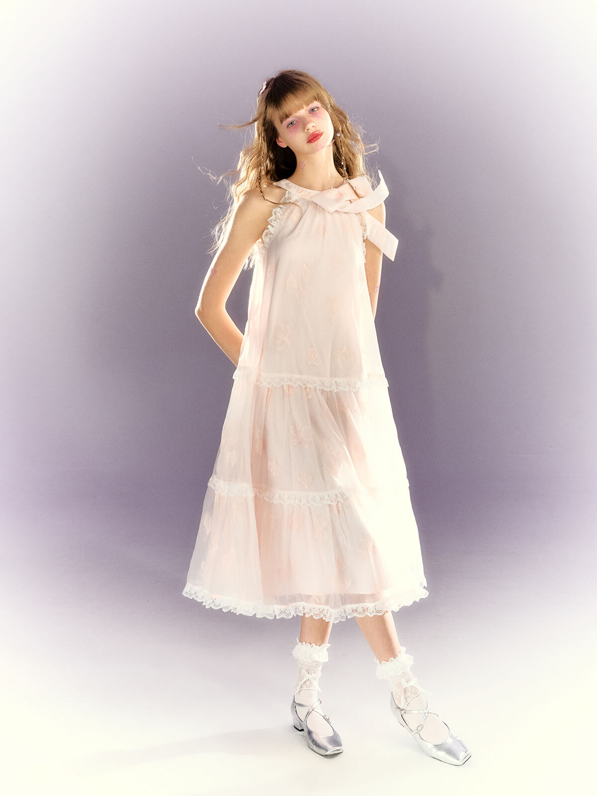 Frill lace sheer ribbon tiered dress