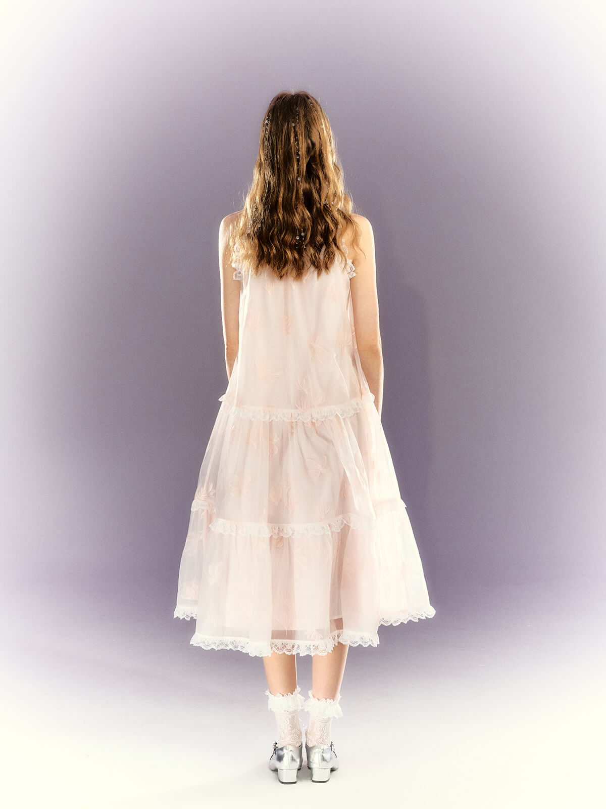 Frill lace sheer ribbon tiered dress