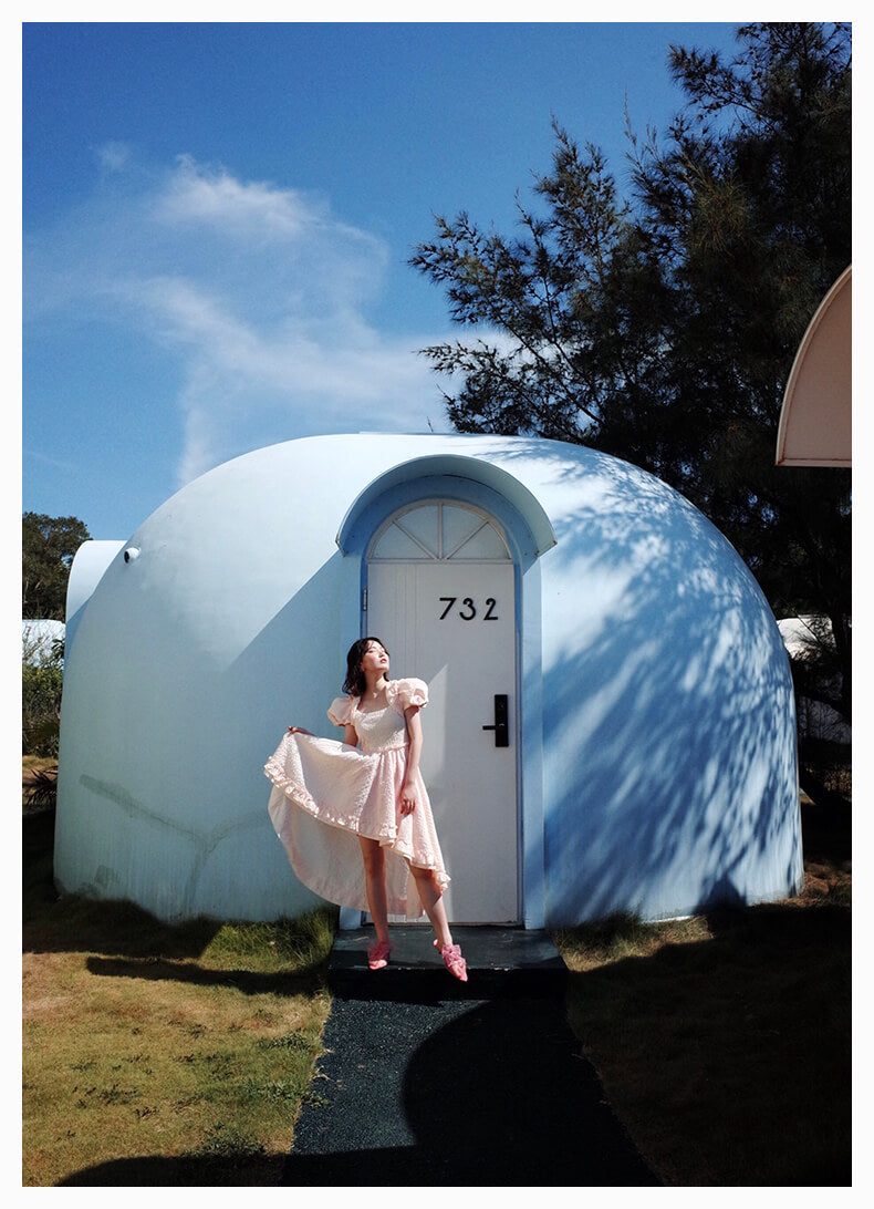 Ribbon Shirring Puffy Dress