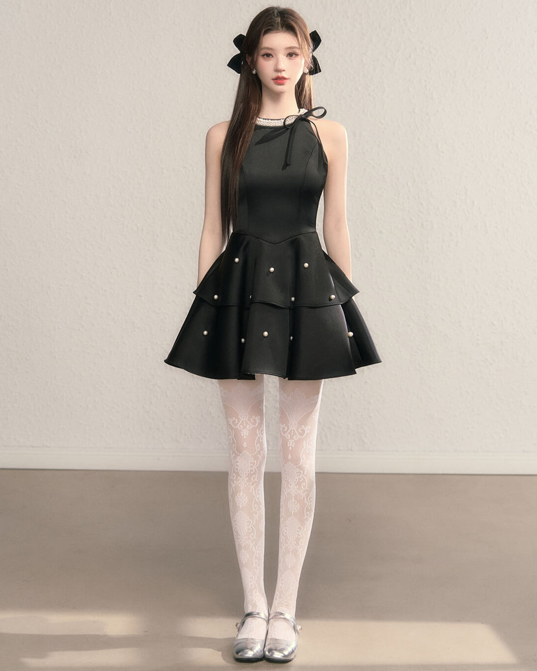 Ribbon bijou peplum dress(全2色)
