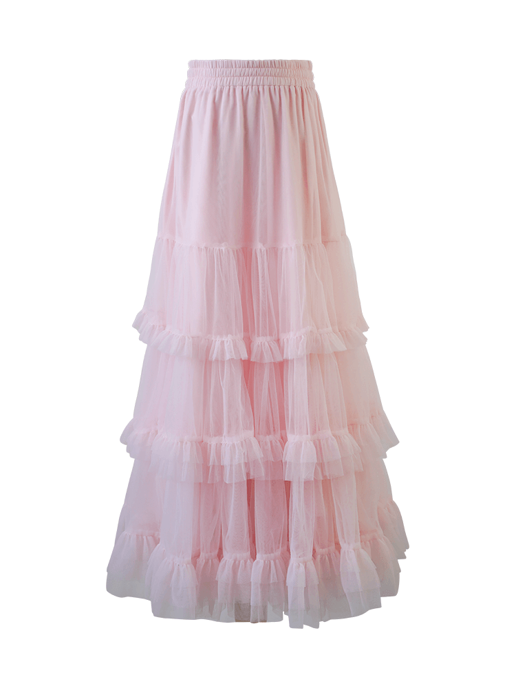 Pink Tulle Tiered Frill Long Skirt