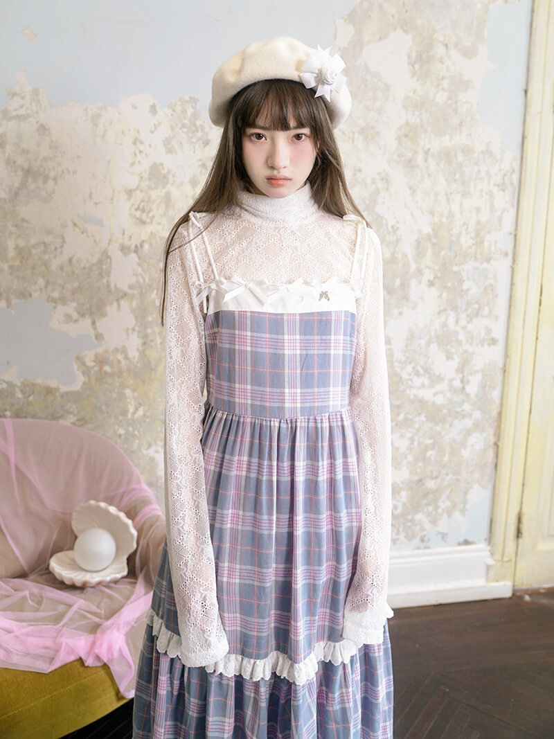 Creamy Checked Double Frill Dress