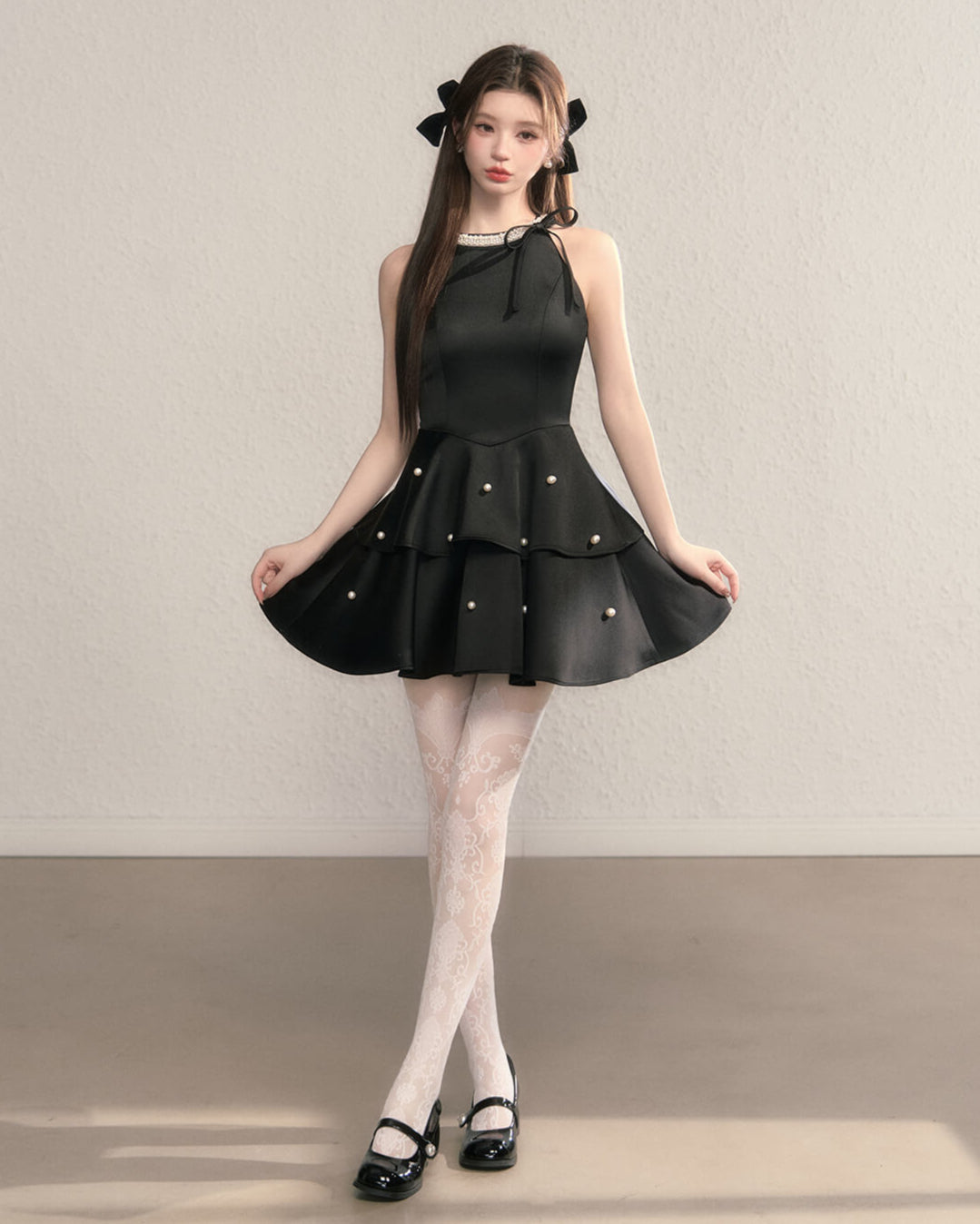 Ribbon bijou peplum dress(全2色)
