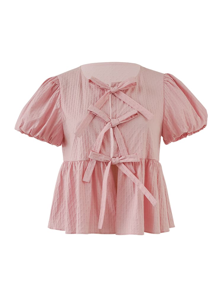 Triple Ribbon Puff Sleeve Pink Tops