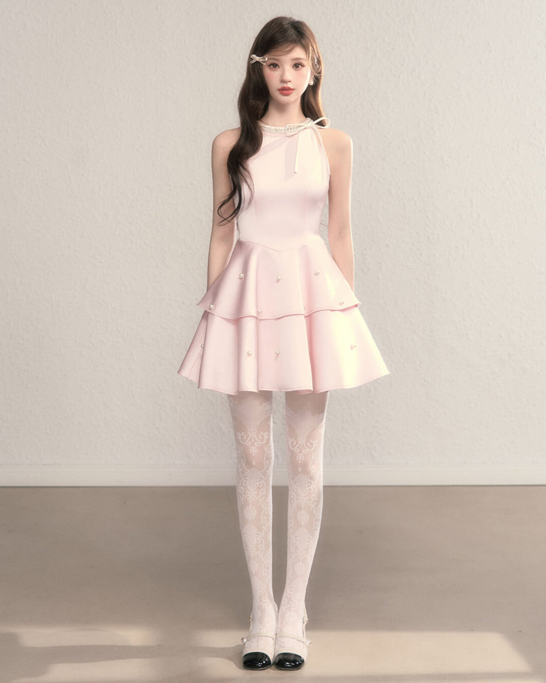 Ribbon bijou peplum dress(全2色)
