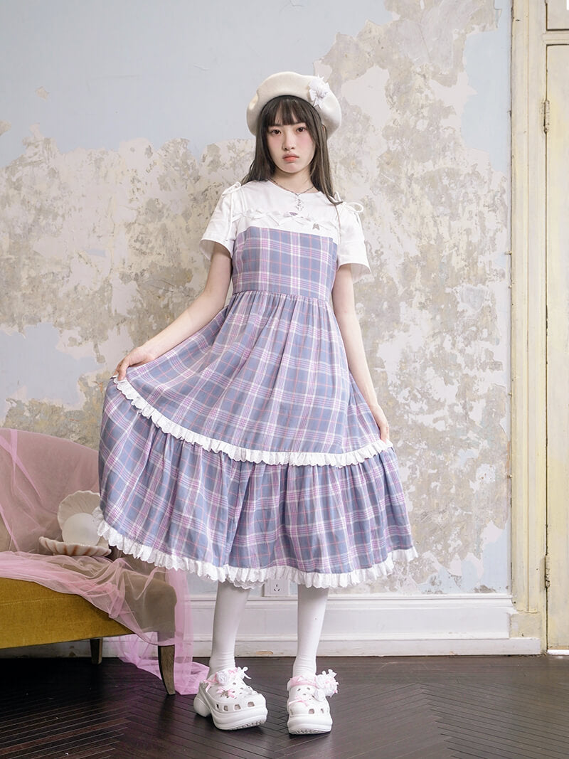 Creamy Checked Double Frill Dress
