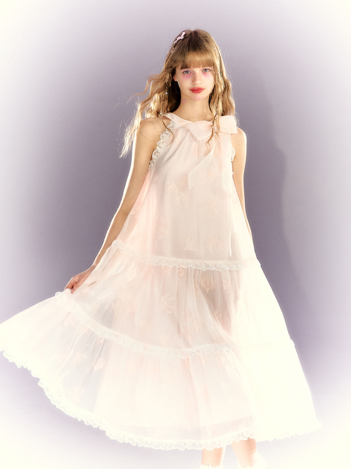 Frill lace sheer ribbon tiered dress