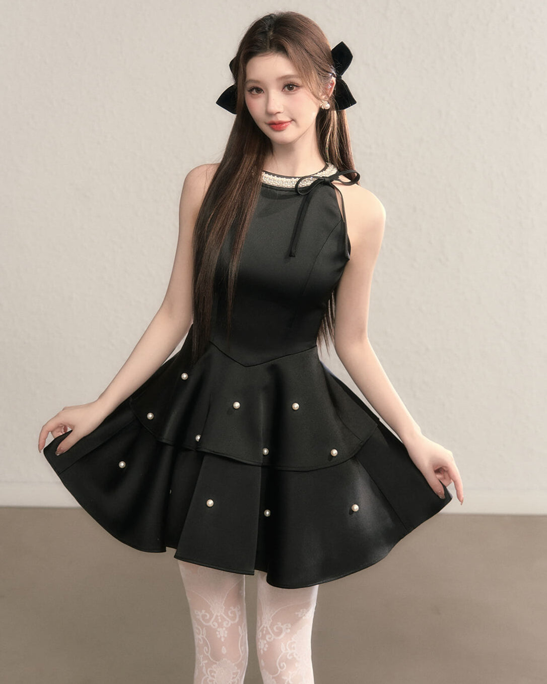 Ribbon bijou peplum dress(全2色)