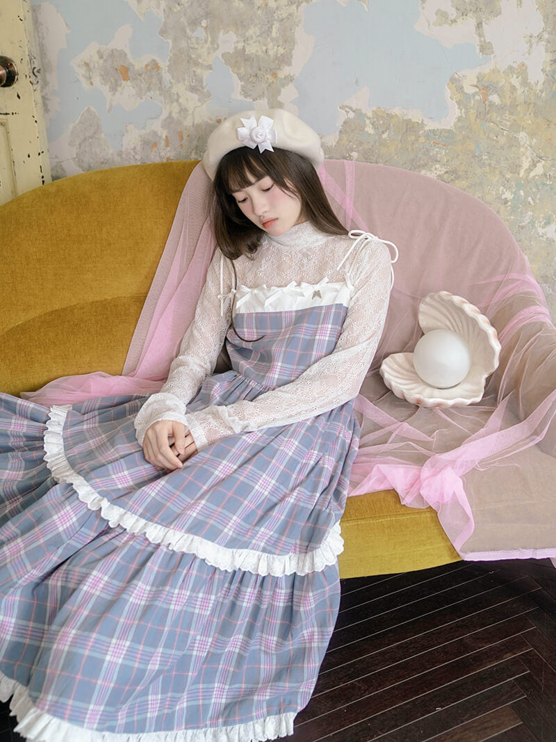 Creamy Checked Double Frill Dress