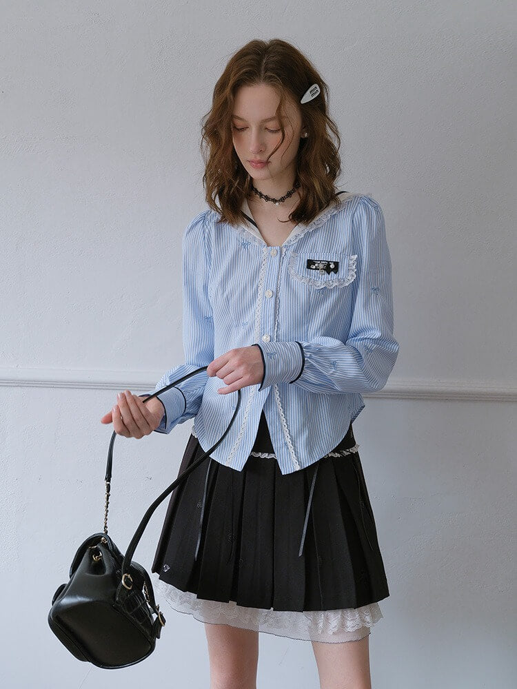 Lace Ribbon Sailor Stripe Blouse